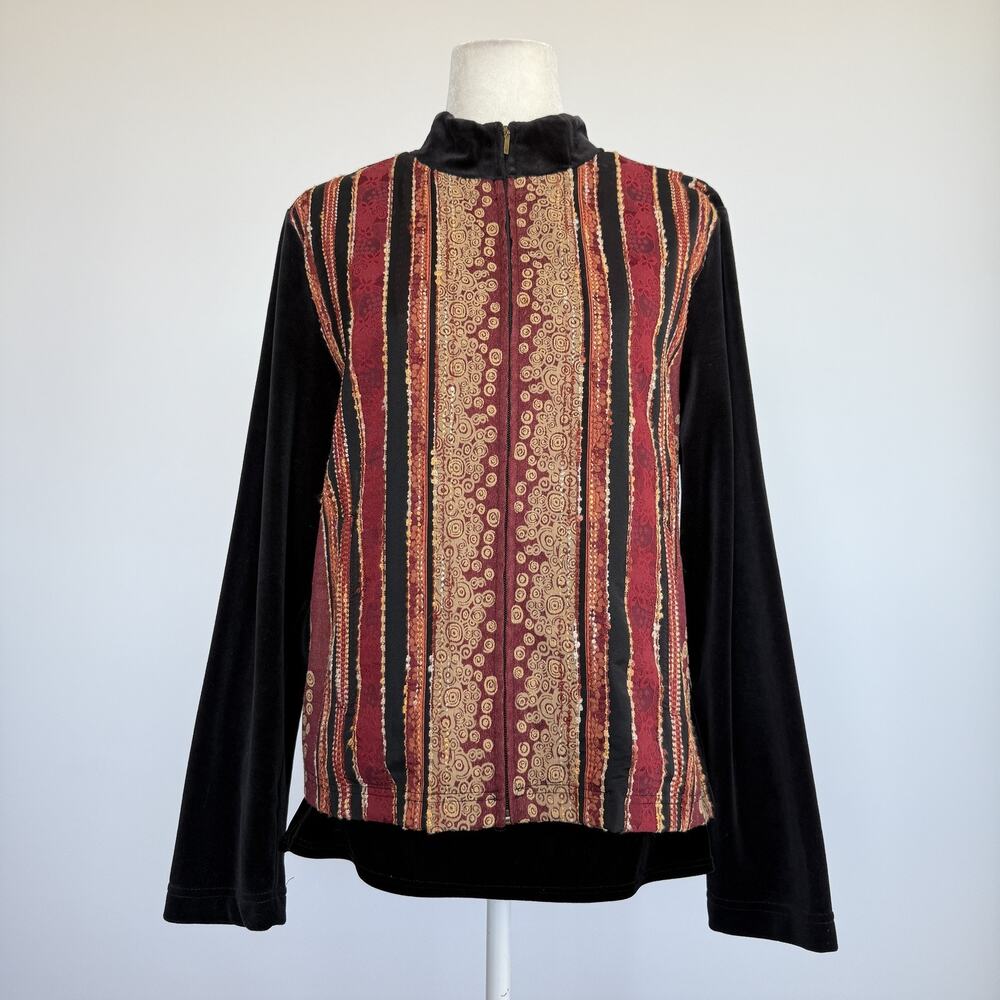 Coldwater Creek Blouse Womens L Black Multicolor Stripe Mock Neck Zip Velour Top
